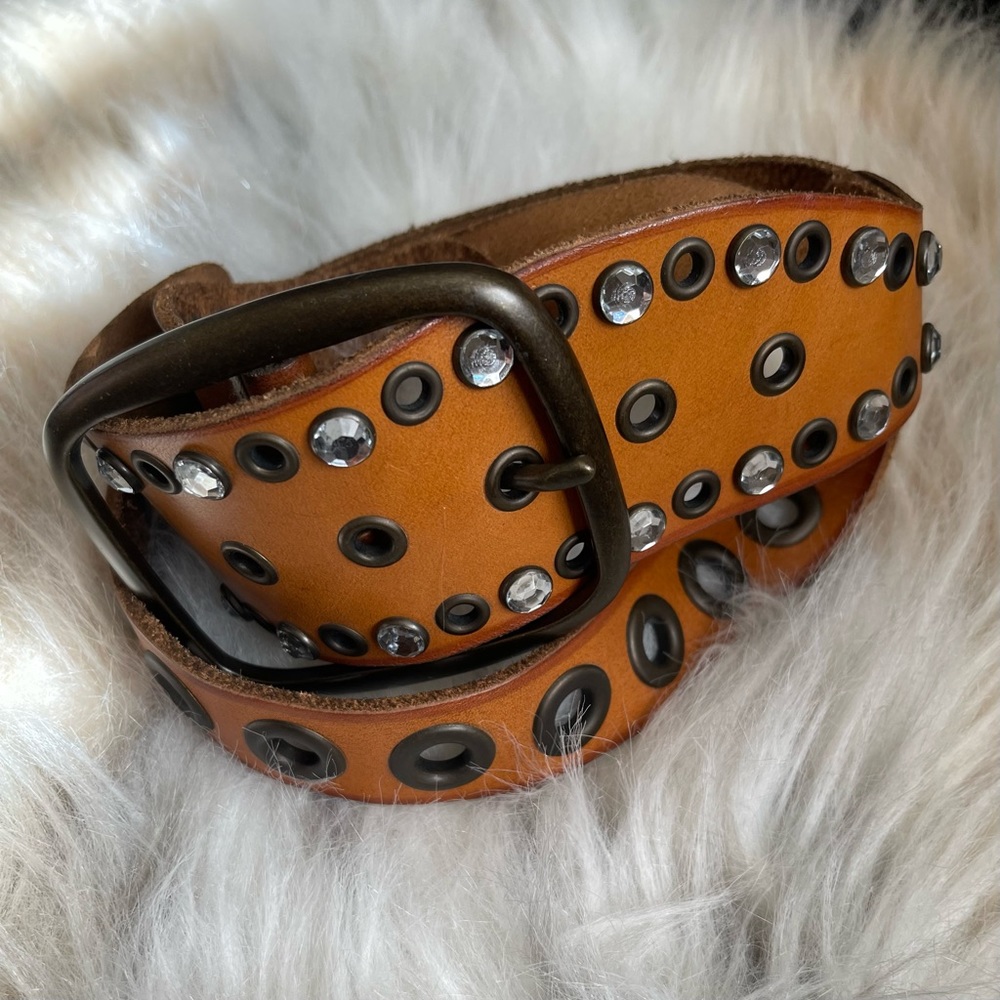 1968 brown leather studded & crystal belt